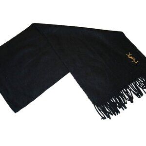 Yves Saint Laurent YSL Black & Yellow Embroidered Wool Fringed Scarf Pre-Owned
